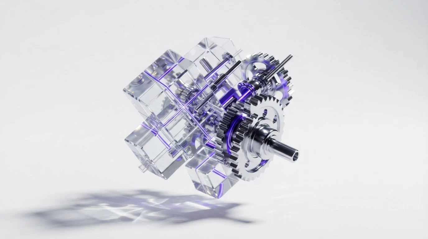 Abstract 3D glass and chrome sculpture representing engineered precision